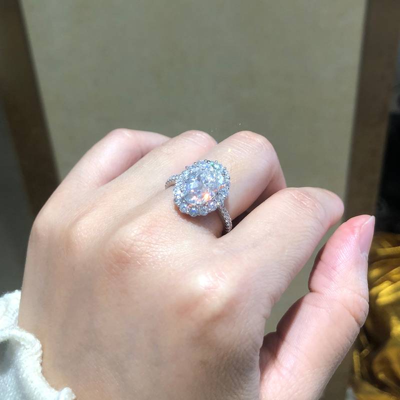 蛋形钻圆包S925银镀白金Women's Ring定制选款主石Moissanite4.5ct/副石高碳钻